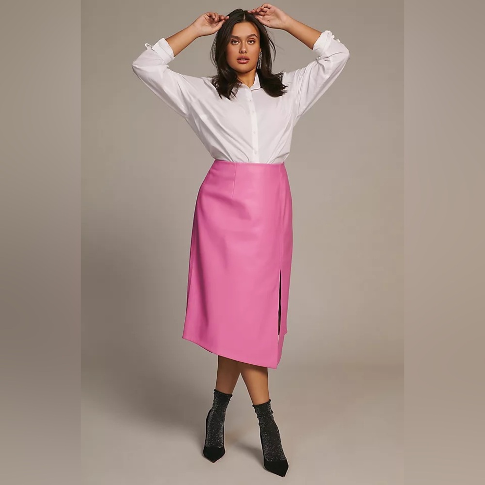 Anthropologie Maeve Pink Vegan Leather Midi Skirt Slit Pencil Faux Leather 10